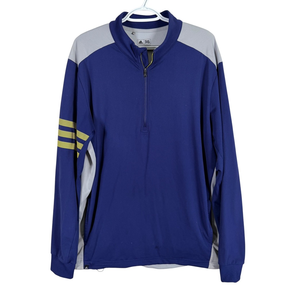 Adidas‎ 1/4 Zip Golf Pullover Mens L Blue Grey Yellow Stripe Stretch